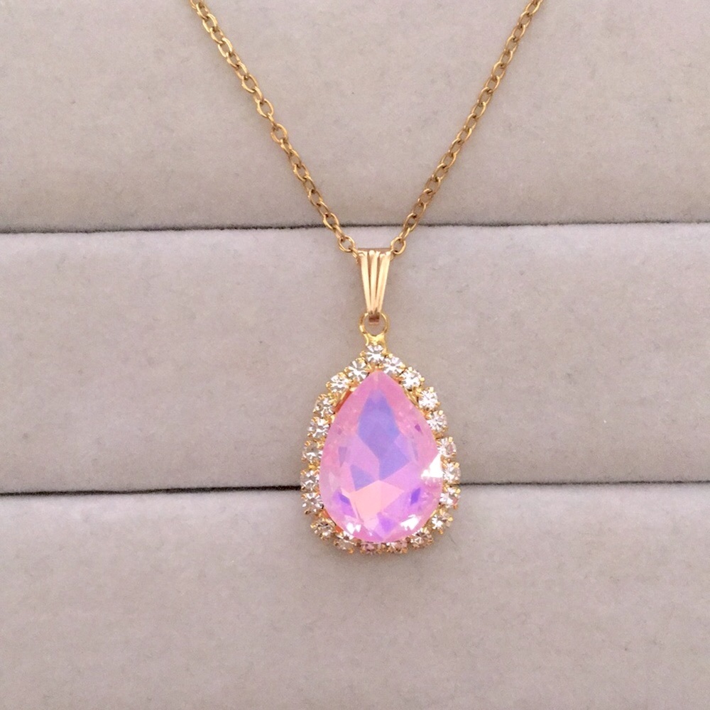 Lavender Pink Opal Aurora Borealis +Gold Crystal Halo Pear Drop Pendant Necklace - Picture 5 of 8
